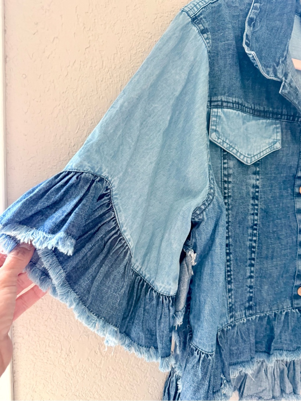 Patchwork Ruffle Denim Button-Front Shirt - Blue - Picture 4 of 7